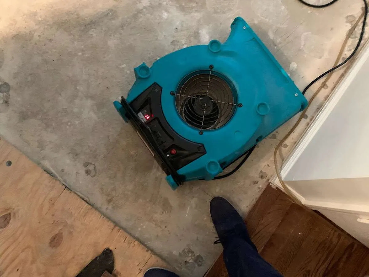 Air mover drying subfloor during Leak Detection & Repair in Evans